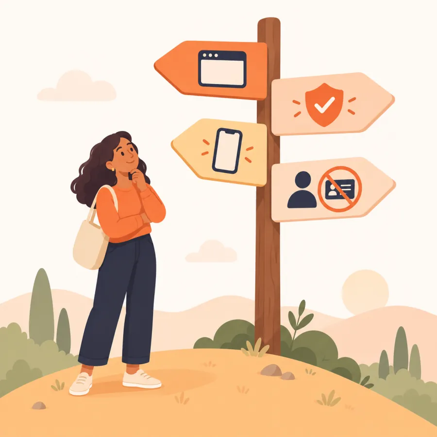 A person at a signpost choosing between browser, safety, mobile and no-account directions