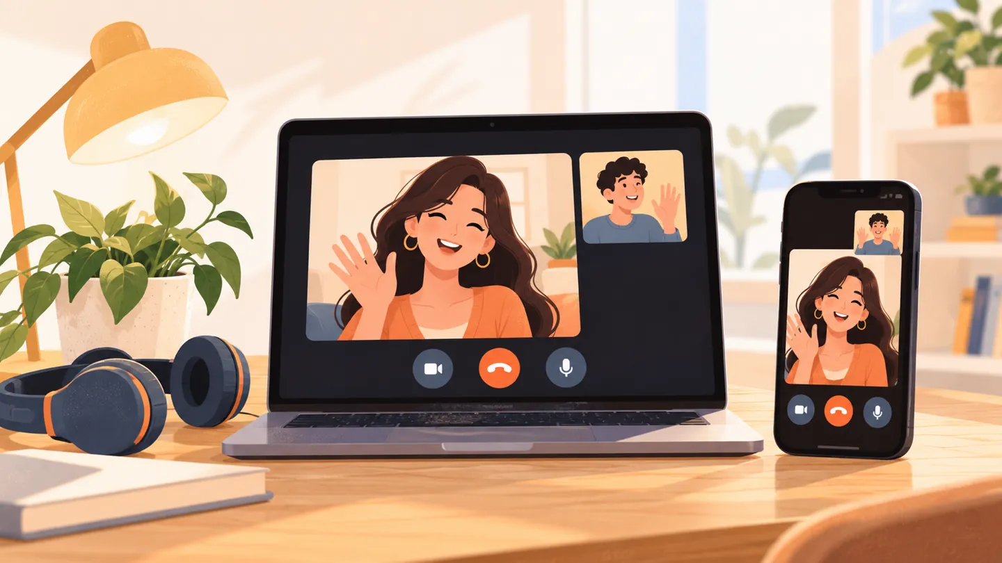 Illustration: the same one-on-one video call open on a laptop and a phone