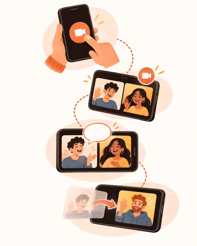 Illustration: tap start, two video tiles open, you chat, then Next brings someone new