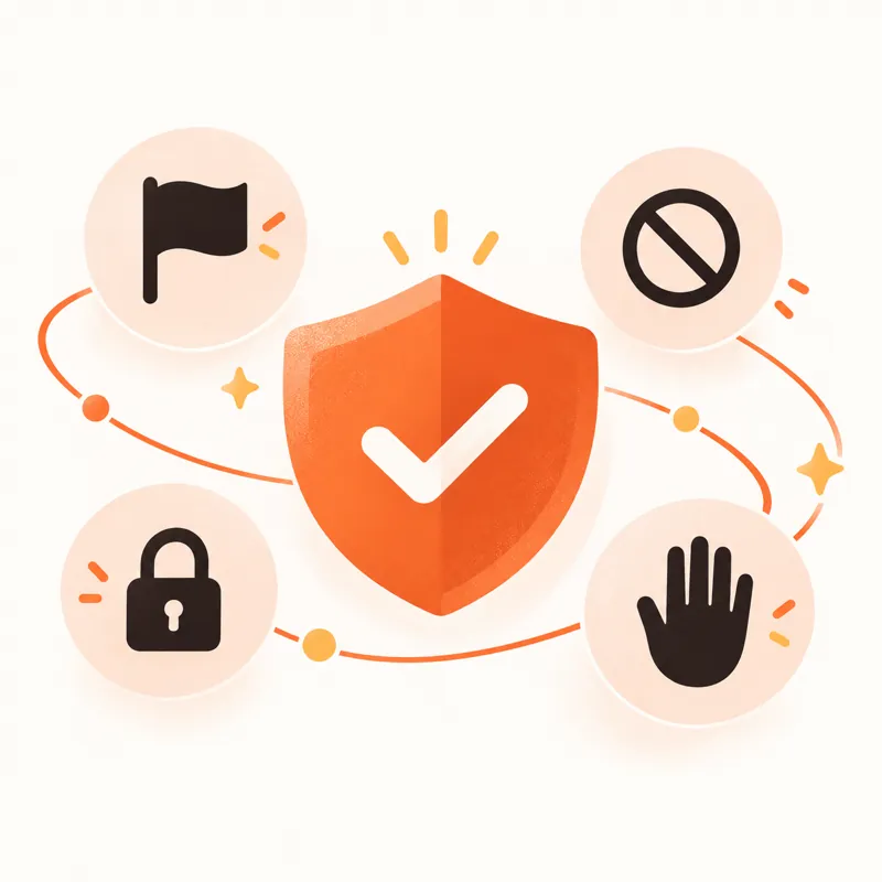 Illustration: a shield surrounded by report, block, privacy and stop icons