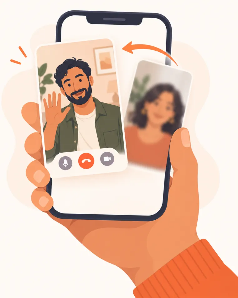 A hand swiping a video chat to the next stranger while the current person waves goodbye