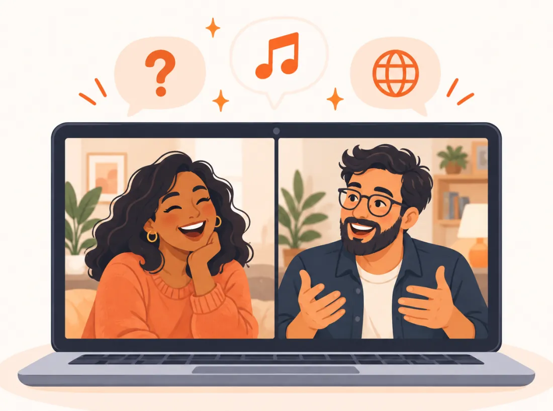 Two strangers laughing together on a 1-on-1 video call after a good opening question